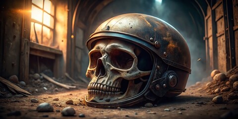 Fototapeta premium Abandoned Motorcycle Helmet with Skull - Urban Exploration Photography