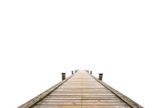 A minimalist perspective of a wooden pier fading into the distance, surrounded by open space, symbolizing calmness and infinite possibilities. Isolated on a transparent background - Powered by Adobe
