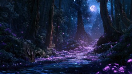 Enchanted forest at night with glowing flowers, a winding path, and a full moon illuminating the scene