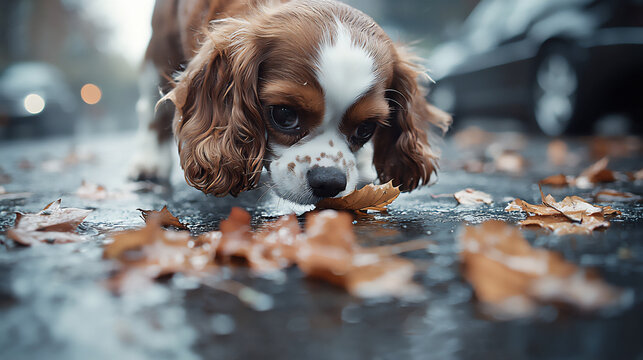  clumber spaniel sniffing leaf