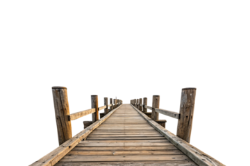 A rustic wooden pier with guardrails, enhanced by soft sunlight and rich textures, creating a cozy and tranquil coastal ambiance. Isolated on a transparent background