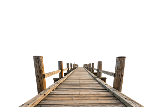 A rustic wooden pier with guardrails, enhanced by soft sunlight and rich textures, creating a cozy and tranquil coastal ambiance. Isolated on a transparent background