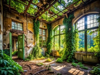 Fototapeta premium Abandoned Urban Building, Green Graffiti, Overgrown Walls, Urban Exploration Photography
