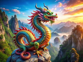 Naklejka premium Majestic Chinese Dragon on Rocky Cliff, Flat Style Illustration