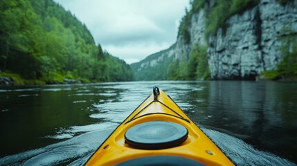 Fototapeta premium A close-up of a person kayaking on a river, with paddles slicing through the water. Surrounding landscape features lush green forests and towering cliffs, creating a perfect backdrop for adventure.