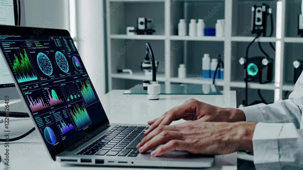 Poster Scientist analyzing data in modern laboratory focused on biotechnology research