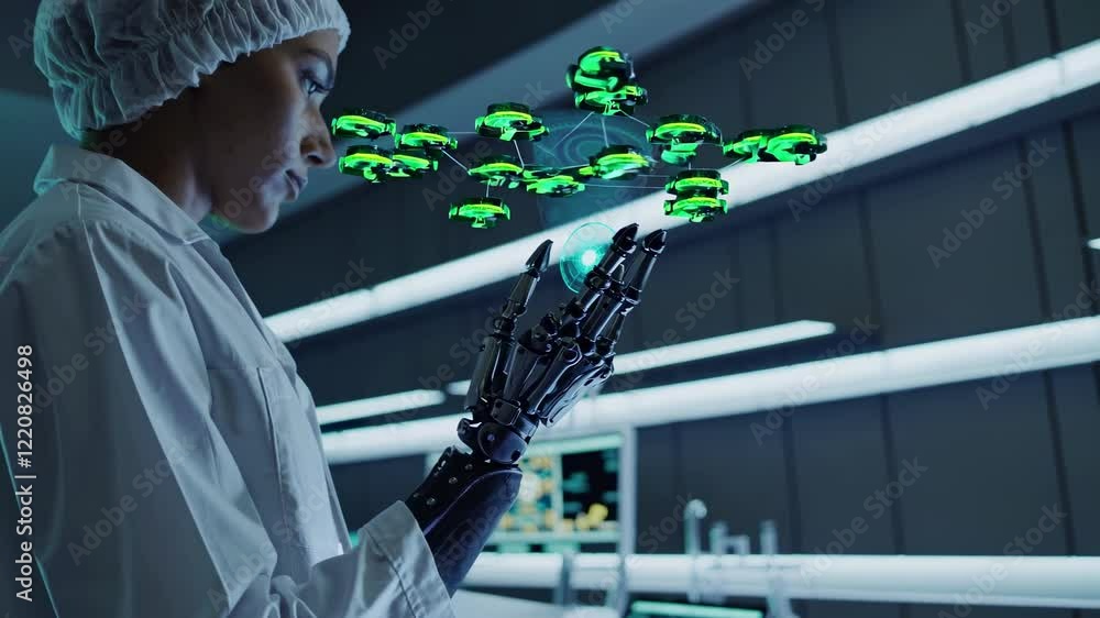Poster innovative robotics showcase with drones and advanced technology in a modern lab