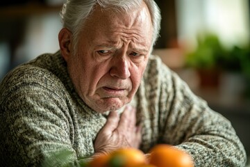 Dramatic Image Elderly Man Clutching Chest in Acute Pain, Leaning on Kitchen Counter, Experiencing a Potential Heart Attack, Illustrating the Urgent Need for Immediate Medical Attention in Cases of