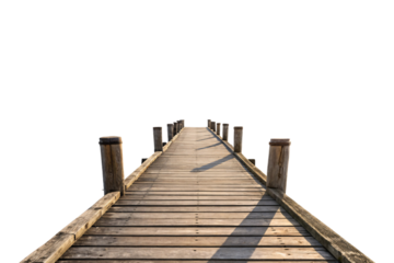 A sunlit wooden pier casting long shadows, its rugged planks leading to an unseen destination, highlighting time-worn textures and natural charm. Isolated on a transparent background