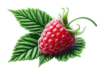 One rasberry fruit close up with leaves and stem isolated on white background with clipping mask.