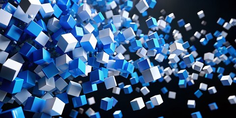 Abstract 3D Rendering: Rotating Blue & White Cubes Flying Towards Camera on Black Background