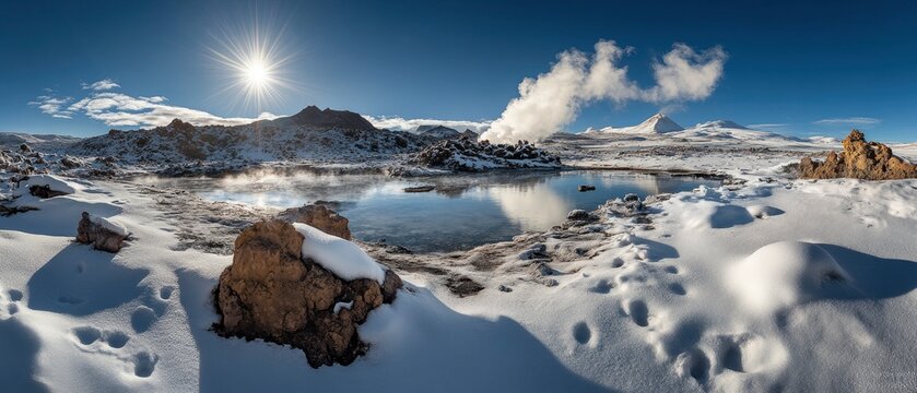 Serene winter landscape with steaming geothermal area and snow-covered mountains under bright sun - Powered by Adobe