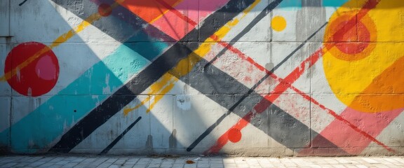 Fototapeta premium This striking mural features a vibrant interplay of colors and geometric patterns, creating a lively urban atmosphere. The bold reds, yellows, and blues dance across the textured wall, inviting
