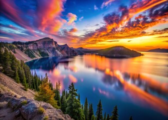 Majestic Crater Lake Ridge Line at Dusk - Long Exposure Photography
