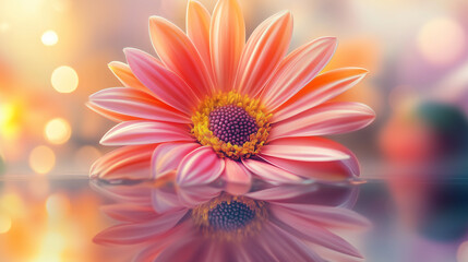 A high-definition image of a vibrant flower in rich pink, orange, and yellow hues, displayed against a soft, glowing backdrop. Gentle light rays and soft-focus blooms surround the flower, with a refle