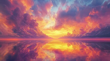 Fototapeta premium Vibrant sunset over a tranquil lake reflecting colorful clouds and serene atmosphere