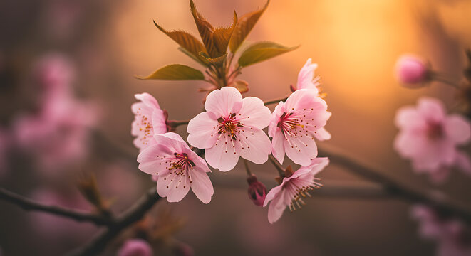 Stunning Pink Cherry Blossoms at Golden Hour Sunset, Delicate Petals, Springtime Bloom, Nature's Beauty