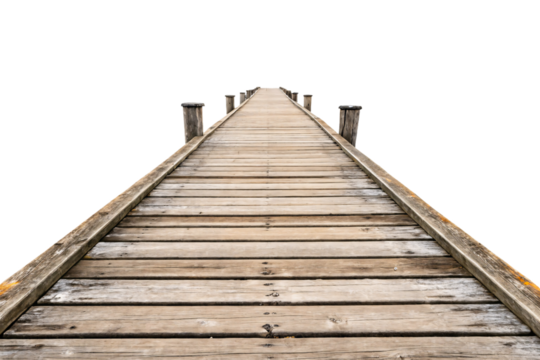 A weathered wooden pier stretching into the horizon, supported by sturdy posts, evoking a serene and rustic maritime atmosphere. Isolated on a transparent background