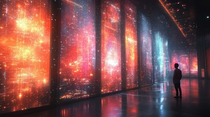 Obraz premium Boy gazing at futuristic cityscapes on digital displays in a dark corridor