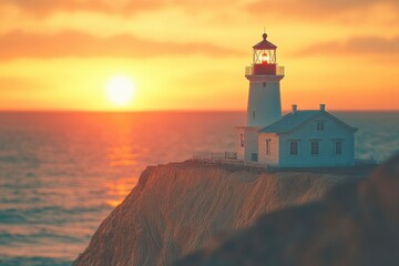 Serene sunset view of a lighthouse perched on a cliff, illuminating the ocean as day transitions to night