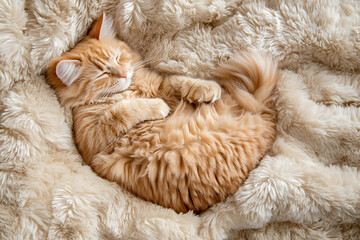 cat having nap on a cozy fur blanket  