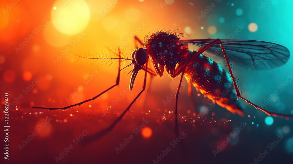 Poster close-up of a vibrant mosquito on a shimmering surface with colorful bokeh background