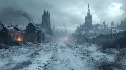 Snowy post-apocalyptic city street, ruins, winter