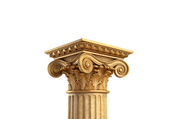 An intricately designed golden Ionic column capital, featuring detailed scrollwork and foliage patterns, embodying classical architectural elegance and grandeur. Isolated on a transparent background