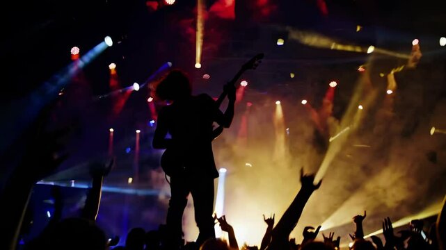 Crowd enjoys energetic live rock concert at night filled with lights and excitement