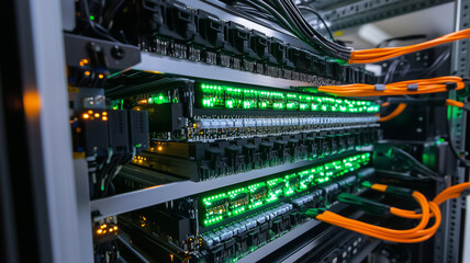 Naklejka premium Close Up of Illuminated Server Racks in Data Center