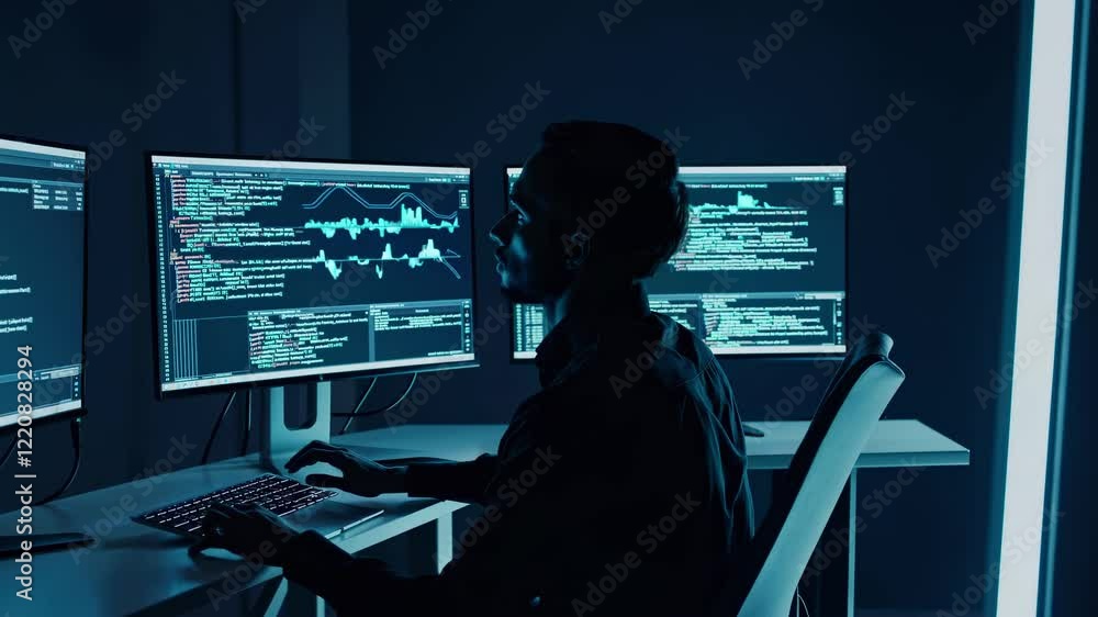 Poster coding session at night with multiple screens displaying programming and data analysis