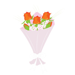 Bouquet of orange roses with buds in pink paper with a white ribbon