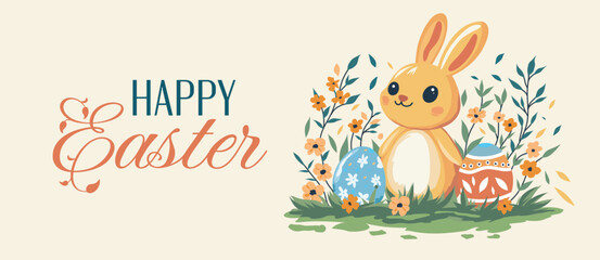 Happy Easter, vector flat illustration postcard with space for text. Rabbit and Easter eggs surrounded by nature and decorative elements. For holiday design of postcards, website, congratulations