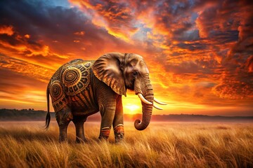 Fototapeta premium Majestic Elephant with Golden Tribal Markings at Sunset - African Wildlife Landscape