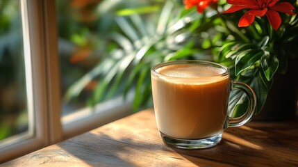 Cup of Coffee on a Sunlit Wooden Table