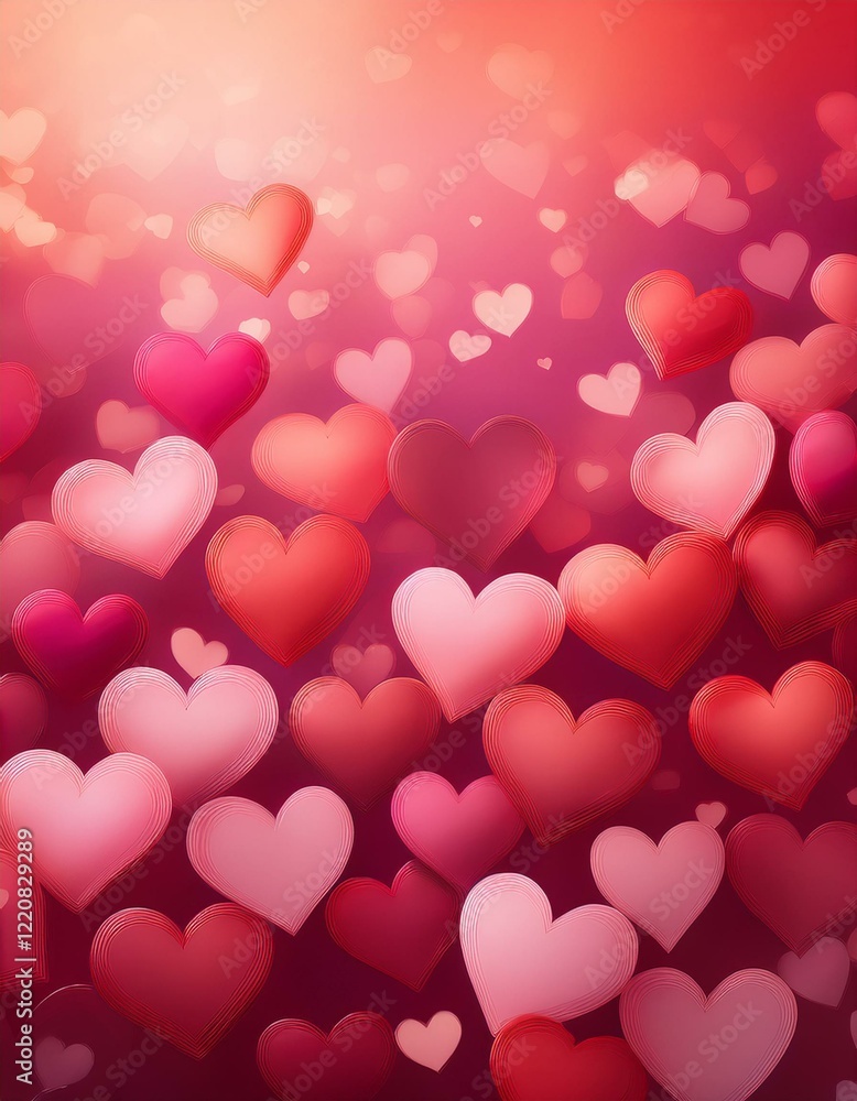 Poster a soft, gradient background with pink and red hues, scattered with glowing heart shapes of varying s
