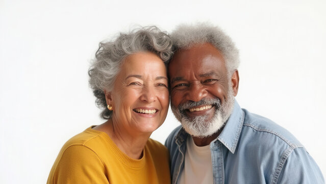Happy mixed older couple with copy space
