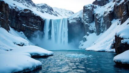 Frozen waterfall cascading down rocky mountains, frosty scenery, stream, ice