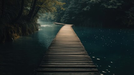 Serene Wooden Boardwalk Path Through Misty Forest Lakescape