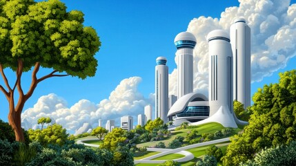 Obraz premium Futuristic Cityscape with Modern Architecture and Lush Greenery