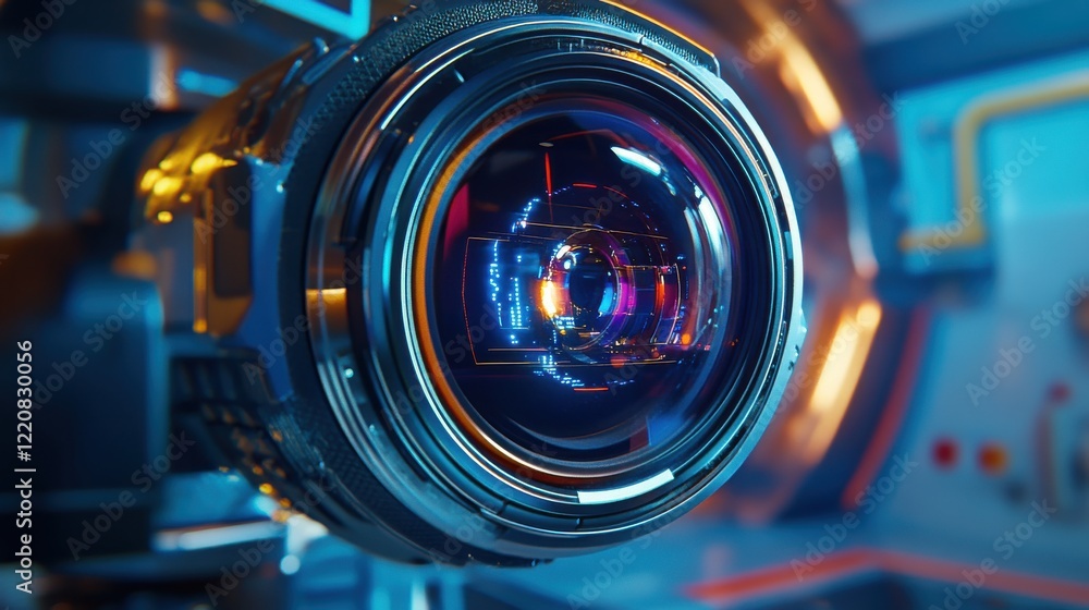 Poster close-up of a high-tech camera lens showcasing intricate details in a futuristic setting