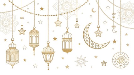 An elegant, minimalist design featuring golden outlines of Islamic lanterns, crescent moons, stars, and geometric patterns suspended from decorative strings. 