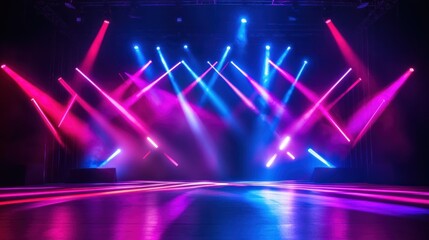 vibrant stage with colorful neon lights in pink and blue hues creating dynamic patterns. concert and entertainment. music event promotion, club poster, party invitation, festival advertising banner