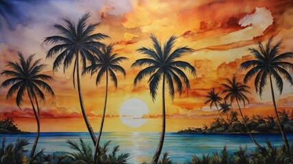 Abstract painting on silk with a view of many coconut trees and the sunset in the afternoon