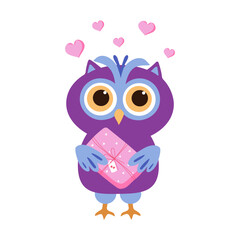 Cartoon owls with a gift and hearts. Cute bright owl. Design of a postcard, invitation for Valentine's Day, birthday, wedding.