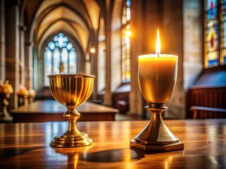 Serene Church Interior: Golden Chalice & Candle, Spiritual Reflection, Faith