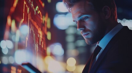 Attractive young european businessman using tablet with creative forex charts on blurry background. Trade and economy concept. Double exposure