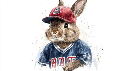 Cute Bunny Wearing Baseball Cap and Jersey, Cartoon Style Illustration Perfect for Kids Artwork and Sports Themes