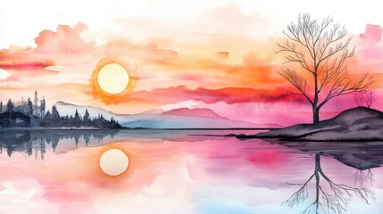 Obraz premium Serene Sunset Over a Tranquil Lake with Colorful Sky Reflection