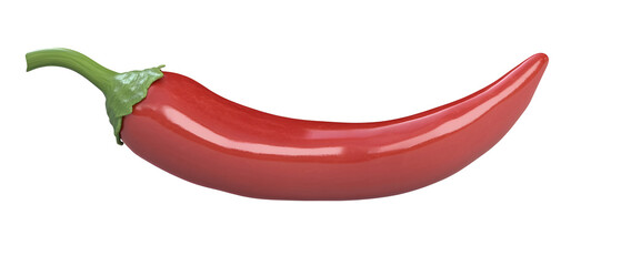 A bright red chili pepper with smooth skin and a vibrant green stem. Isolated on White Background, clipping path  - 